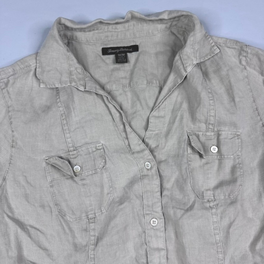 Tommy Bahama Linen Button Up Shirt Women Medium Beige Short Sleeve Safari Pocket